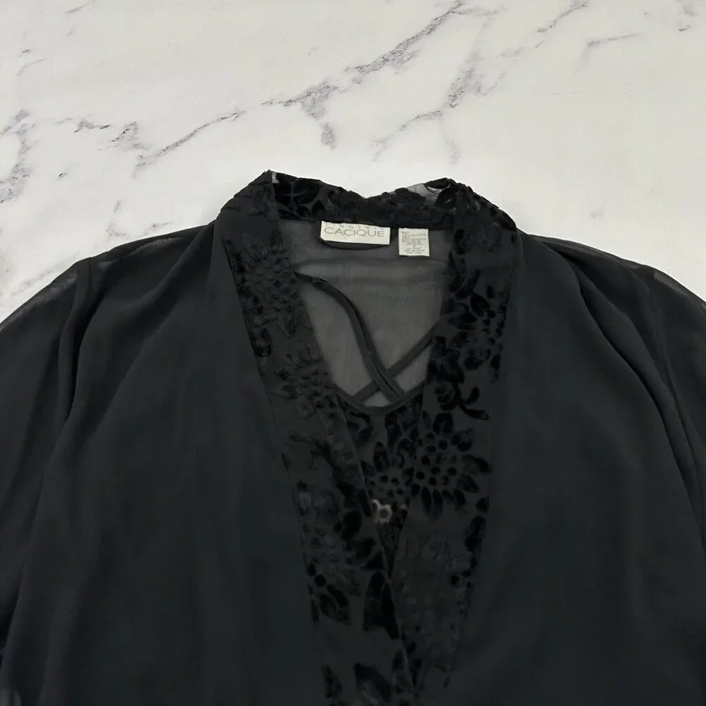 Cacique Womens Vintage Negligee Slip Robe Set Plus Size S Black Sheer Floral - Picture 2 of 16